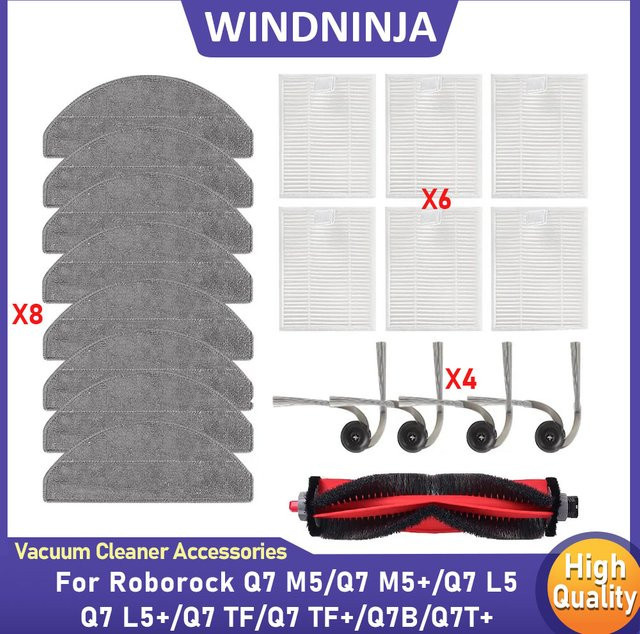 WINDNINJA Ersatzteil-Set für Roborock Q7 M5, Q7 M5+, Q7 L5, Q7 L5+, Q7 TF, Q7 TF+, Q7B, Q7T+ mit Hauptbürsten, Seitenbürsten, Wischtüchern und Filtern - Bild 1