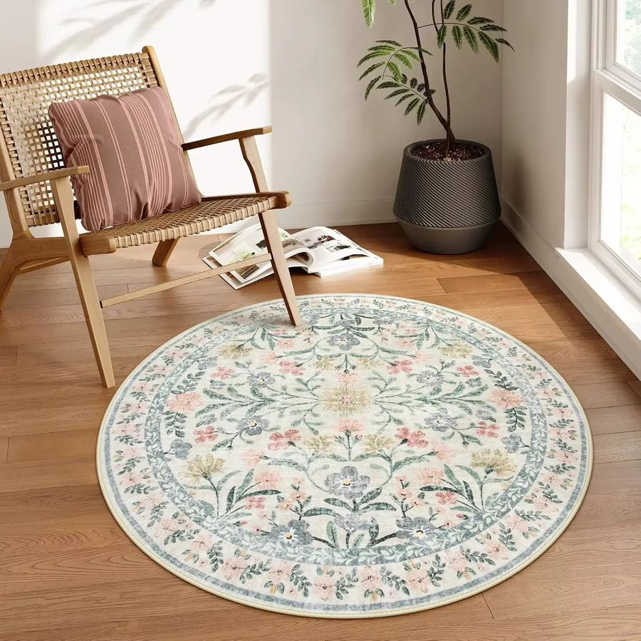 VIKAMA Runder Teppich mit Vintage-Blumenmuster im Mid-Century-Stil, wasser- und ölbeständig - Bild 1