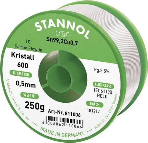 Stannol Kristall 600 Fairtin Lötzinn bleifrei Sn99,3Cu0,7 REL0 silber 250 g 0,5 mm - Bild 1