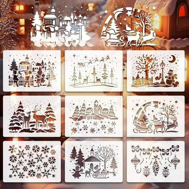 Bview Art Weihnachtsschablonen zum Malen, 9 Stück wiederverwendbare Bastelvorlagen aus Kunststoff für DIY-Projekte und Kunstarbeiten - Bild 1
