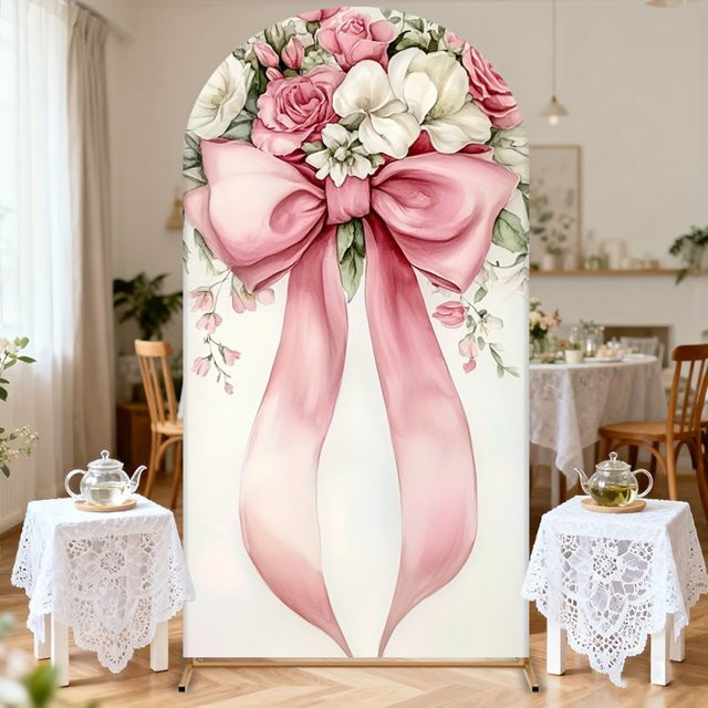 VIKAMA Hintergrundstoff mit rosa Blumen und Schleifen im Shabby Chic Design für Kindergeburtstage und Hochzeiten, Breite: 120 cm, Höhe: 50 cm - Bild 1