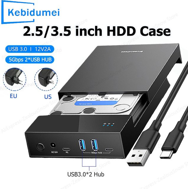 Kebidu Externes Festplattengehäuse USB 3.0 mit HUB für 2,5 und 3,5 Zoll SATA HDD/SSD bis 20 TB, Schwarz - Bild 1