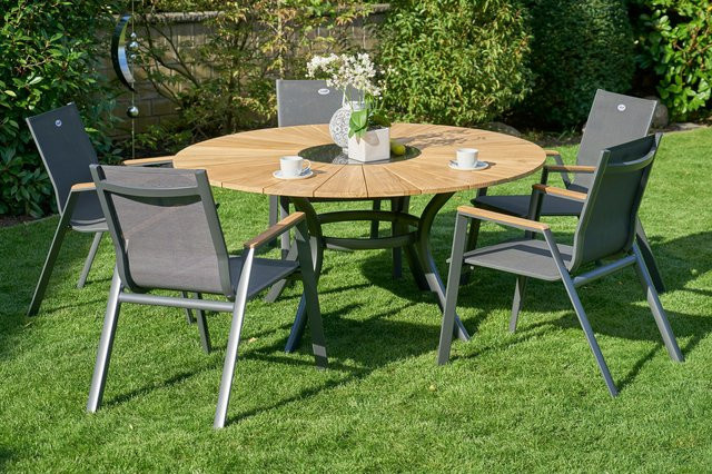 Hartman Provence Aruba Garten-Essgruppe aus Aluminium und Teakholz in Anthrazit mit 5 Stapelsesseln und integriertem Eiskühler, Durchmesser: 150 cm - Bild 1