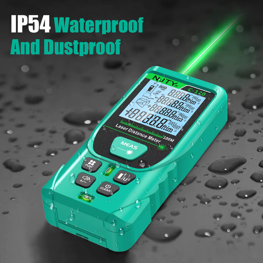 NJTY Digitaler Laser-Entfernungsmesser in Grün mit hintergrundbeleuchtetem Bildschirm und IP54 Wasserschutz - Bild 5