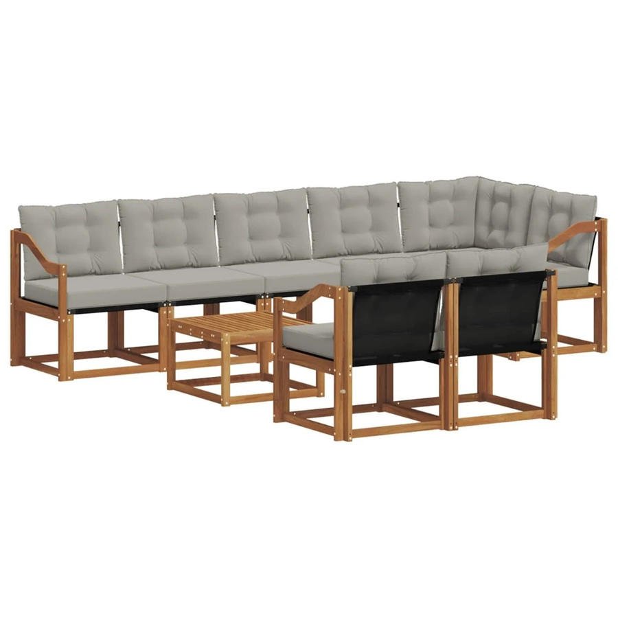 vidaXL Outdoor-Sofagarnitur 9-tlg. in L-Form aus Akazienholz und Textilene mit Kissen, Farbe: Natur und Grau - Bild 2