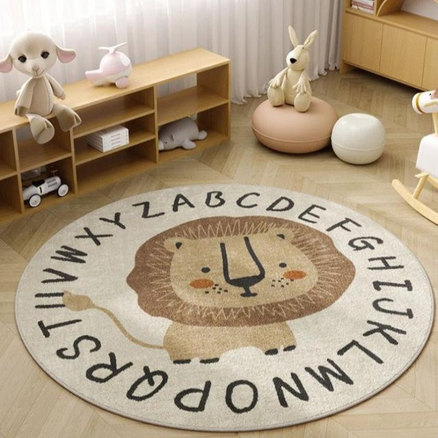 Runder Plüschteppich mit Löwenmuster in Beige, weiche Bodenmatte für Schlafzimmer und Kinderzimmer, Durchmesser: 80 cm - Bild 1