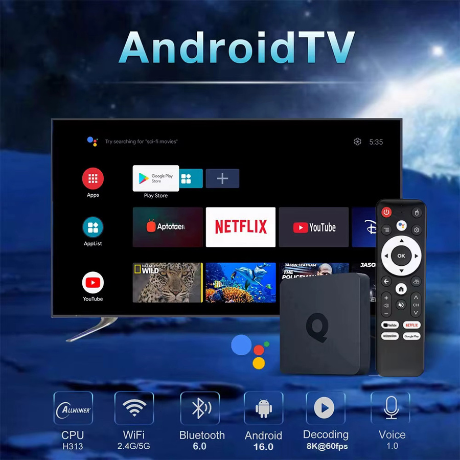 Smart TV Box Q1 H313 Android 16 Streaming Media Player mit 8K Unterstützung, 8GB RAM, 128GB Speicher, Dual Wifi 5G, Bluetooth 6.0 und Google Assistant, Schwarz - Bild 3