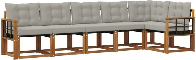 vidaXL Outdoor-Sofagarnitur 6-teilig aus Akazienholz und Textilene in Grau mit Kissen und L-Form - Bild 1