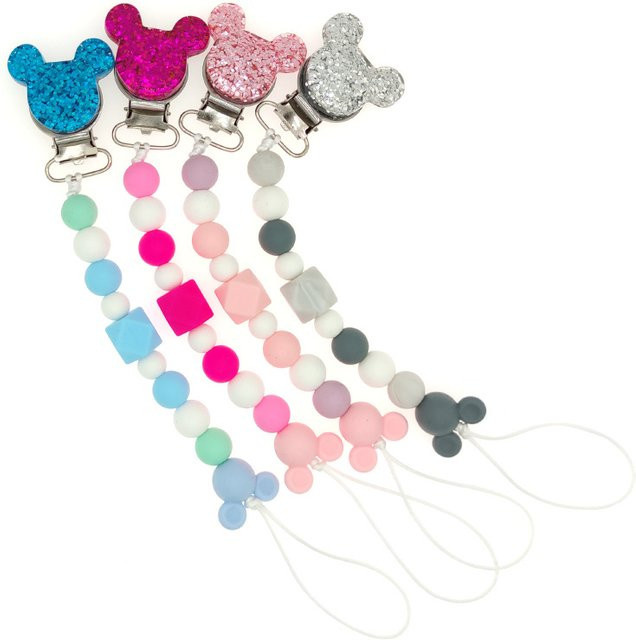 Schnuller Kette für Babys mit Silikon Perlen und Beißring in Pink und Multicolour - Bild 1