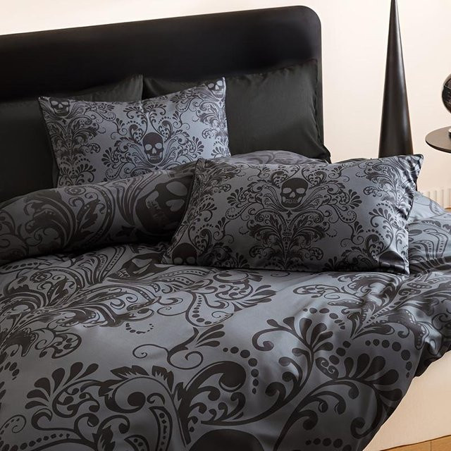 Elegante Bettwäsche mit Blumenmuster in Schwarz, Microfaser-Bettwäsche-Set bestehend aus 1 Bettbezug und 2 Kissenbezügen, B/H: 140 x 210 cm - Bild 1