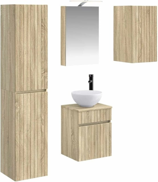 vidaXL Badezimmerschrank-Set 5-teilig in Sonoma-Eiche, modern mit LED-Beleuchtung und Spiegelschrank, Farbe Braun, B/T/H: 40 x 10,5 x 60,5 cm - Bild 1