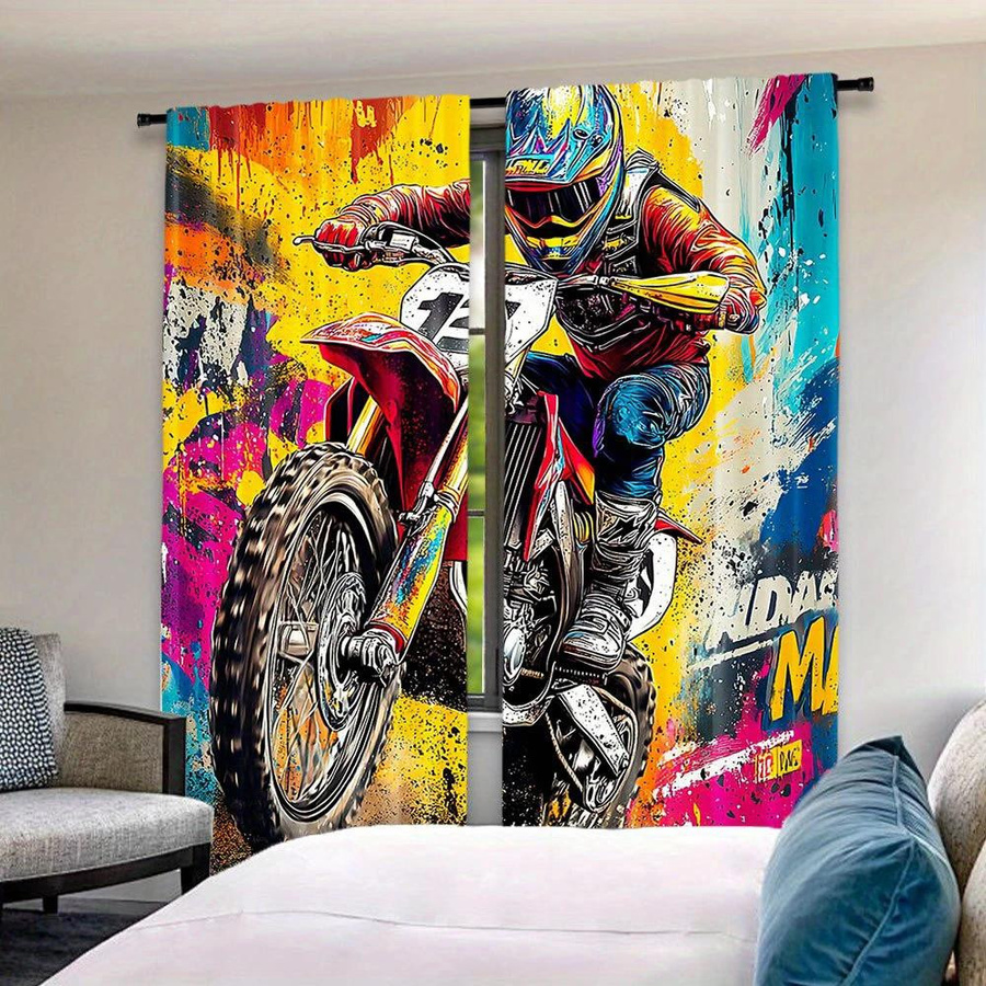 Yiran Furniture Vorhänge mit Offroad-Motorrad Motiv im modernen Stil, 2er-Set, Mehrfarbig, B: 35 cm, H: 100 cm - Bild 2
