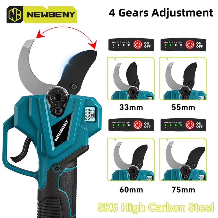 NewBeny Kabellose elektrische Astschneiderschere mit 4-Gang Bürstenloser Motor, 75mm Schnittkapazität, Türkis, kompatibel mit Makita LXT Akku - Bild 4
