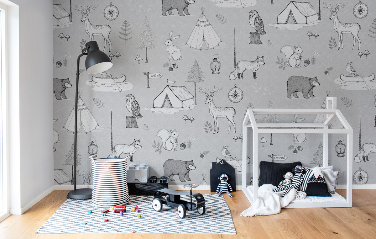 Rebel Walls Mural Camping Trip Wandtattoo in Grau für das Kinderzimmer - Bild 1