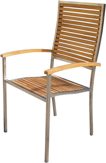 OUTFLEXX Stuhl aus Edelstahl und Teakholz in Braun mit hoher Rückenlehne und Armlehnen, stapelbar - Bild 1