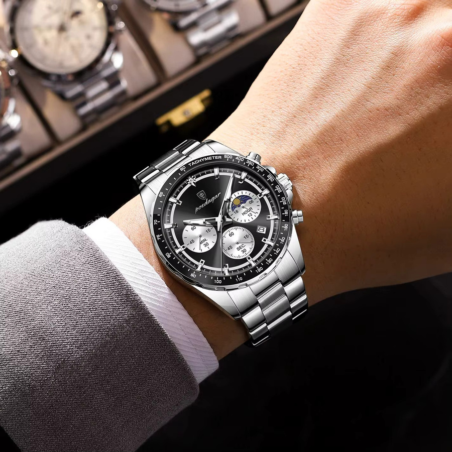 POEDAGAR Armbanduhr Chronograph, Quarz, Edelstahl, Schwarz, Herren - Bild 5