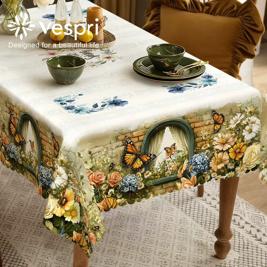 Vespri Frühlings- und Oster-Tischdecke mit Blumenmuster und Schmetterlingen in Weiß und Gelb für deine Party - Bild 3