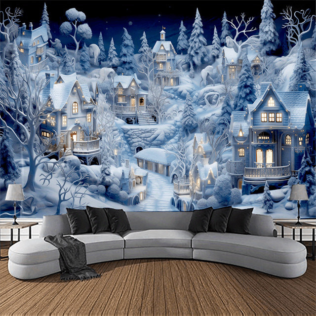 VIKAMA Weihnachts-Wandteppich mit verschneiter Weihnachtsdorf-Szene in Blau, dekorative Wanddekoration für Wohnzimmer und Neujahr, B/H: 60 x 60 cm - Bild 1