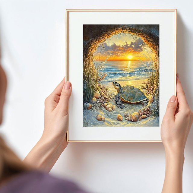 NUOYING 5D DIY Diamantmalerei Set Sonnenuntergang und Meeresschildkröte als Tier-Landschaft mit Full Round Diamanten, Rahmenlos, Breite: 25,0 cm, Höhe: 20,0 cm - Bild 1