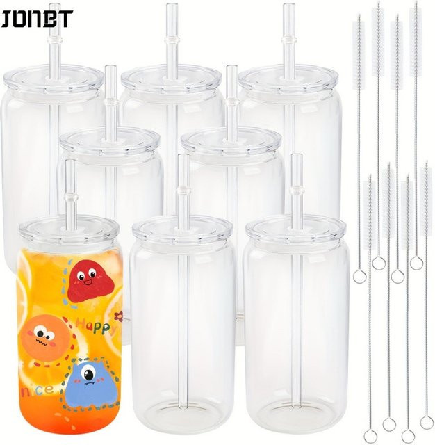 JONBT Trinkbecher Set aus Kunststoff mit Deckel und Strohhalm sowie Reinigungsbürste, 4er Pack, transparent, 473 ml - Bild 1