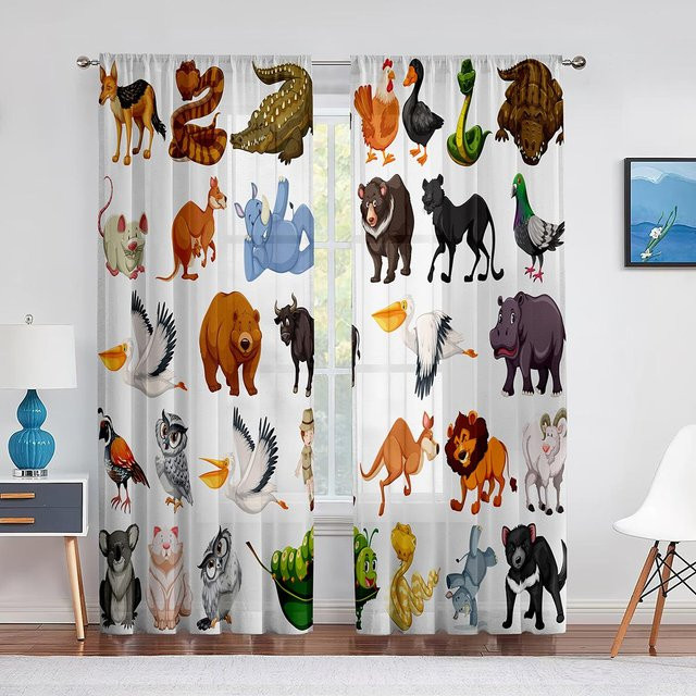 Transparenter Voile-Vorhang mit Dschungel-Safari-Tierprint für Kinderzimmer, weiß, Breite: 100 cm, Höhe: 250 cm - Bild 1