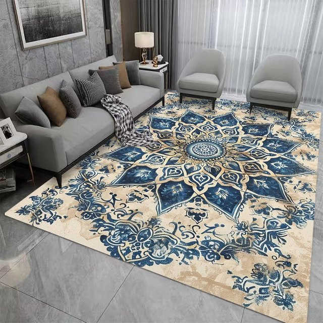 VIKAMA Bohemian Mandala Teppich in Blau, rutschfest und pflegeleicht, rechteckig - Bild 1