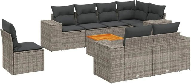 vidaXL 9-tlg Garten-Sofagarnitur aus Poly Rattan und Akazienholz in Grau mit Kissen Modell 69 - Bild 1