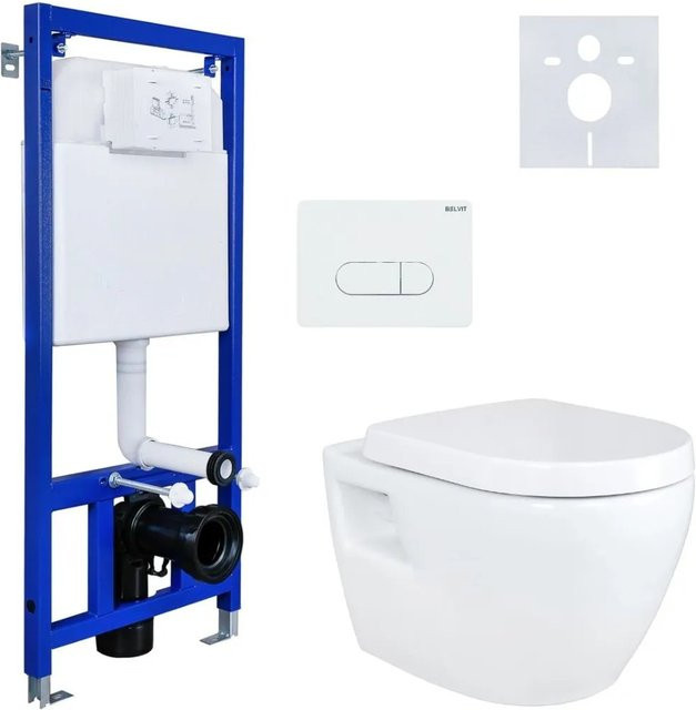 Belvit Wand WC Set in Weiß mit Softclose-Deckel, Vorwandelement und Betätigungsplatte aus Keramik, B/H/T: 51,0 x 35,0 x 8,0 cm - Bild 1