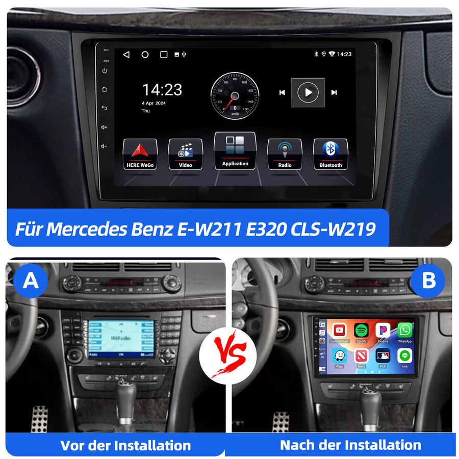 ESSGOO Android 13 Autoradio mit 9 Zoll Touchscreen, 4 Kerne, 32GB/64GB, CarPlay, GPS, Bluetooth, FM RDS für Mercedes GLS E-Class W211 W219, Schwarz - Bild 2