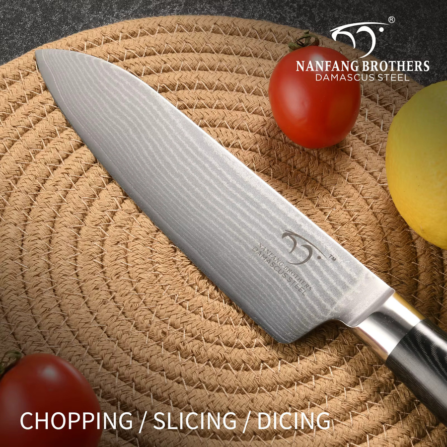 Katisun Santoku-Messer aus Damast und Hochkohlenstoffstahl mit Micarta-Griff, 17,78 cm, Silber - Bild 4