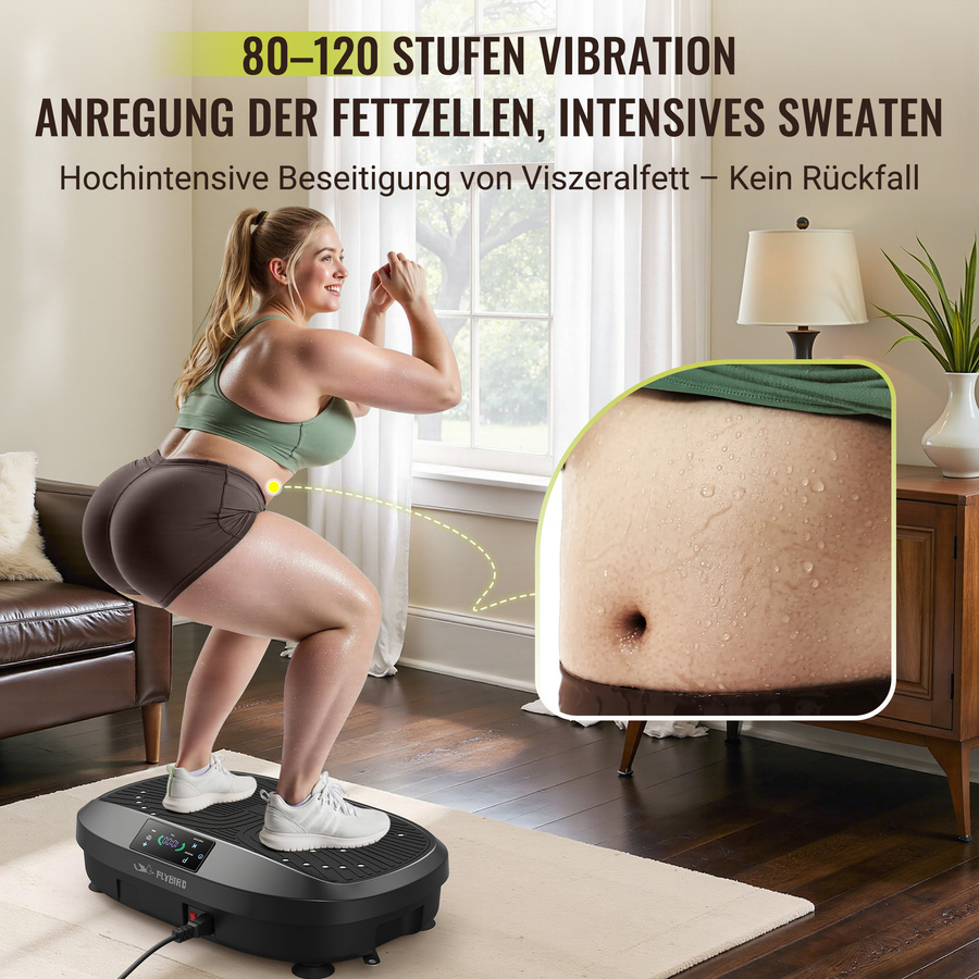 FLYBIRD Vibrationsplatte in Schwarz mit 120 einstellbaren Geschwindigkeiten, 150 kg Tragkraft und Fernbedienung für Ganzkörper-Training, Muskelaufbau und Lymphdrainage - Bild 2