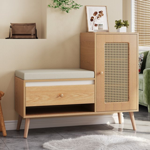 Svintora Schuhwechselbank aus Holz und Rattan im skandinavischen Design mit Stauraum für Flur, Schlafzimmer und Wohnzimmer - Bild 1