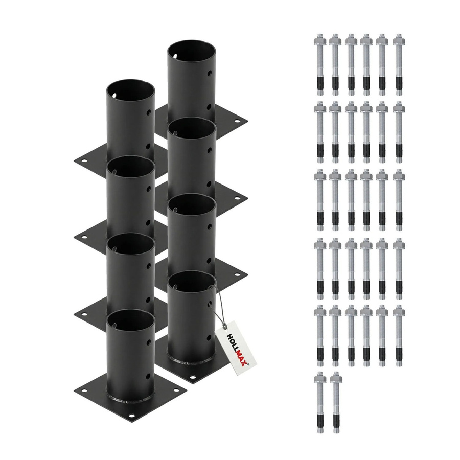 HOLLMAX Pfostenträger Set mit 8 Aufschraubhülsen 80 mm und Schwerlastankern für Rundholzpfosten, Schwarz matt pulverbeschichtet - Bild 2