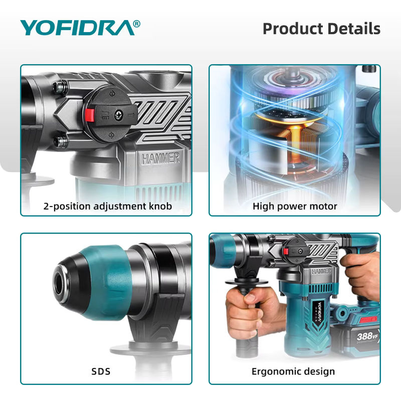 YOFIDRA Bürstenloser Akku-Schlagbohrer mit 26 mm Bohreraufnahme, multifunktionaler Elektrohammer und Akku-Schrauber für Makita LXT Akkus - Bild 3