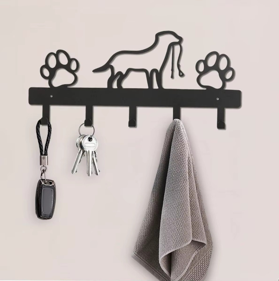 CIFBUY Wandregal mit 5 Metallpfoten-Aufhängern für Hunde, Organizer aus Eisen in Schwarz, B/T/H: 32,0 x 15,0 x 4,0 cm - Bild 3