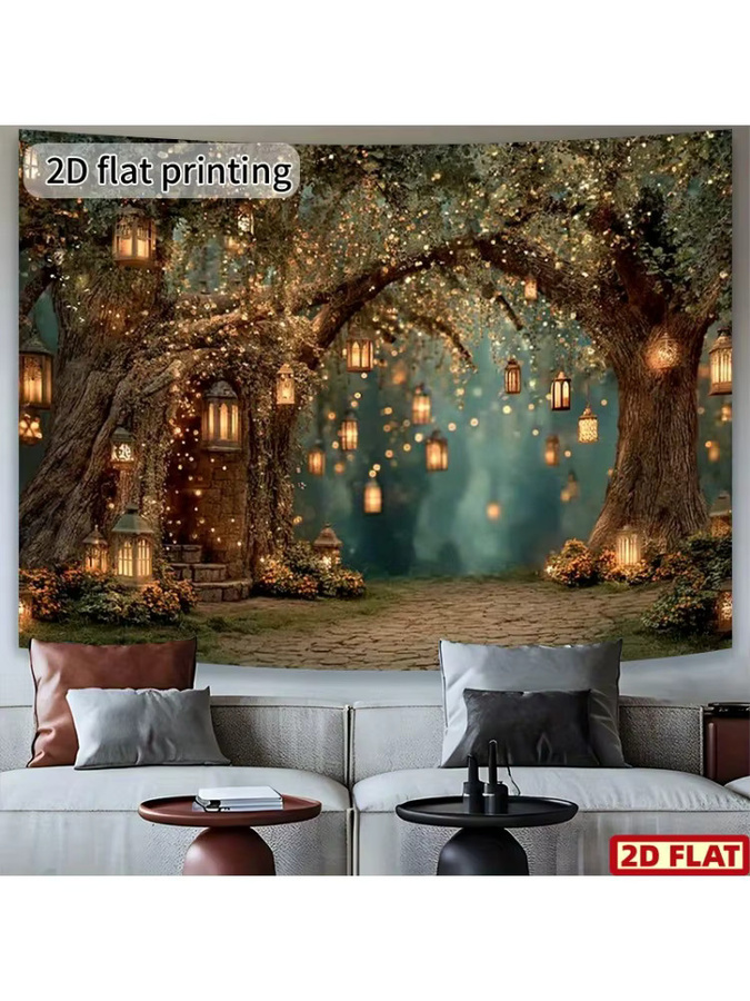 Psychedelisches Wald-Lichterkettenbanner aus Stoff mit magischem Baum-Motiv, Laternen und Blumen in Multicolor im Boho-Stil - Bild 4