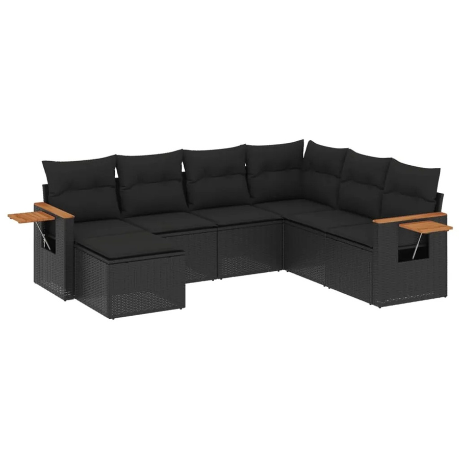 vidaXL 7-teilige Garten-Sofagarnitur in L-Form aus Poly-Rattan und Akazienholz mit Kissen in Schwarz - Bild 2