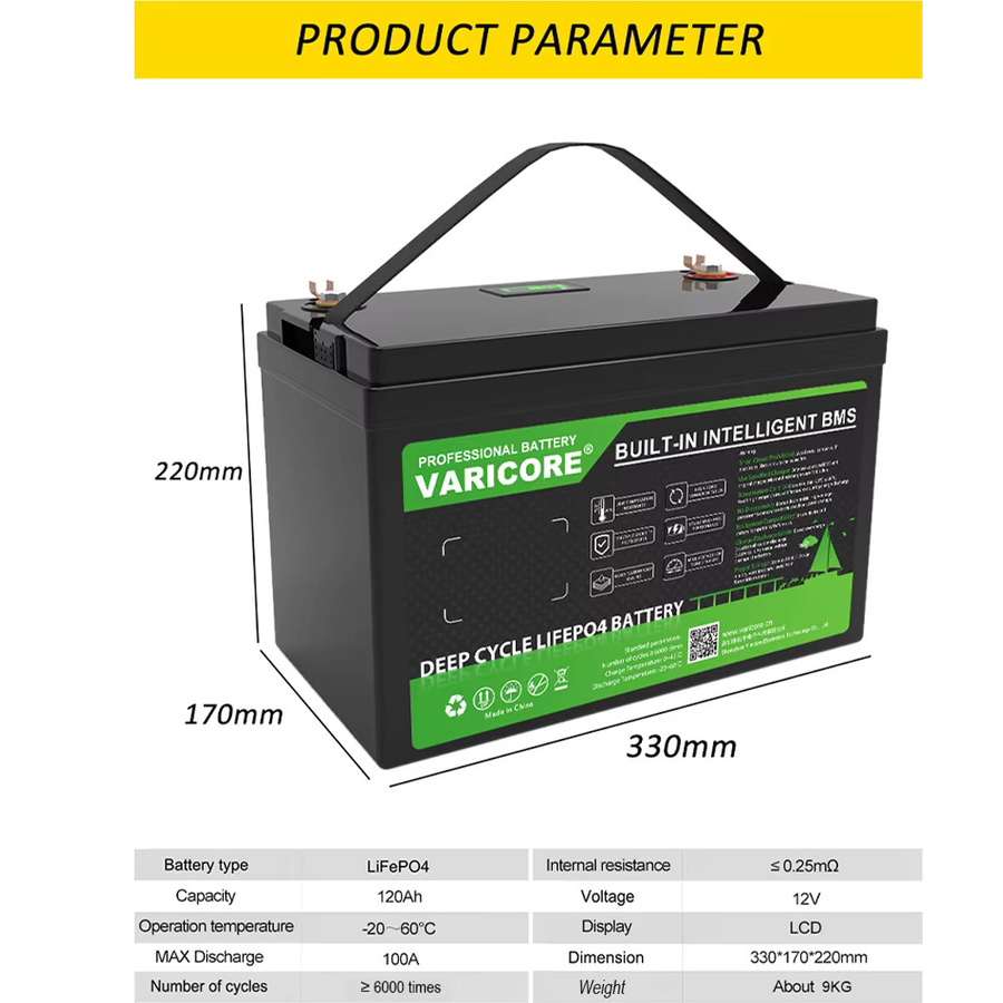 Varicore 12V 120Ah LiFePO4 Lithium-Batterie in Schwarz für Solarsysteme, Wohnmobile und Golfcarts - Bild 2