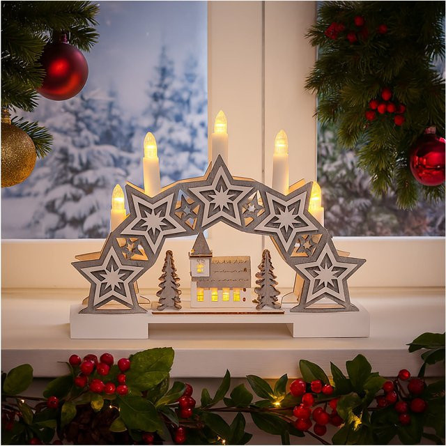 HTI-Living Leuchtbogen Sterne und Kirche aus Holz in Weiß für die Weihnachtsdekoration - Bild 1