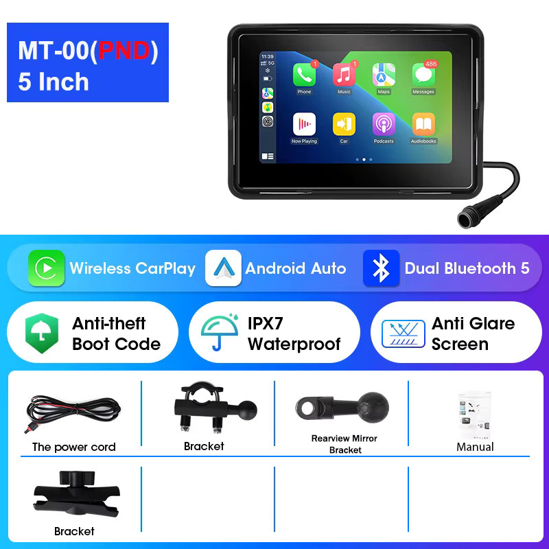 srnubi Motorrad Multimedia Player mit drahtlosem CarPlay, Android Auto, GPS Navigation und Recorder, IPX7 wasserdicht, Bluetooth Touchscreen, Schwarz - Bild 2