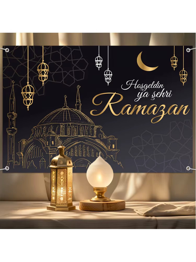 VIKAMA Ramadan Wandteppich im Türkei-Stil mit Mond und Sternen in Schwarz-Gold als dekorativer Wandhintergrund für Eid al-Fitr Partys - Bild 6