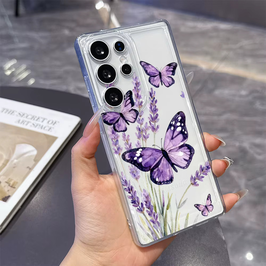 Stoßfeste TPU Slim-Fit Schutzhülle mit Lavendel und lila Schmetterlingen für Samsung Galaxy S26 S25 S24 S23 S22 S21 S20 FE Plus, transparent/lila - Bild 2
