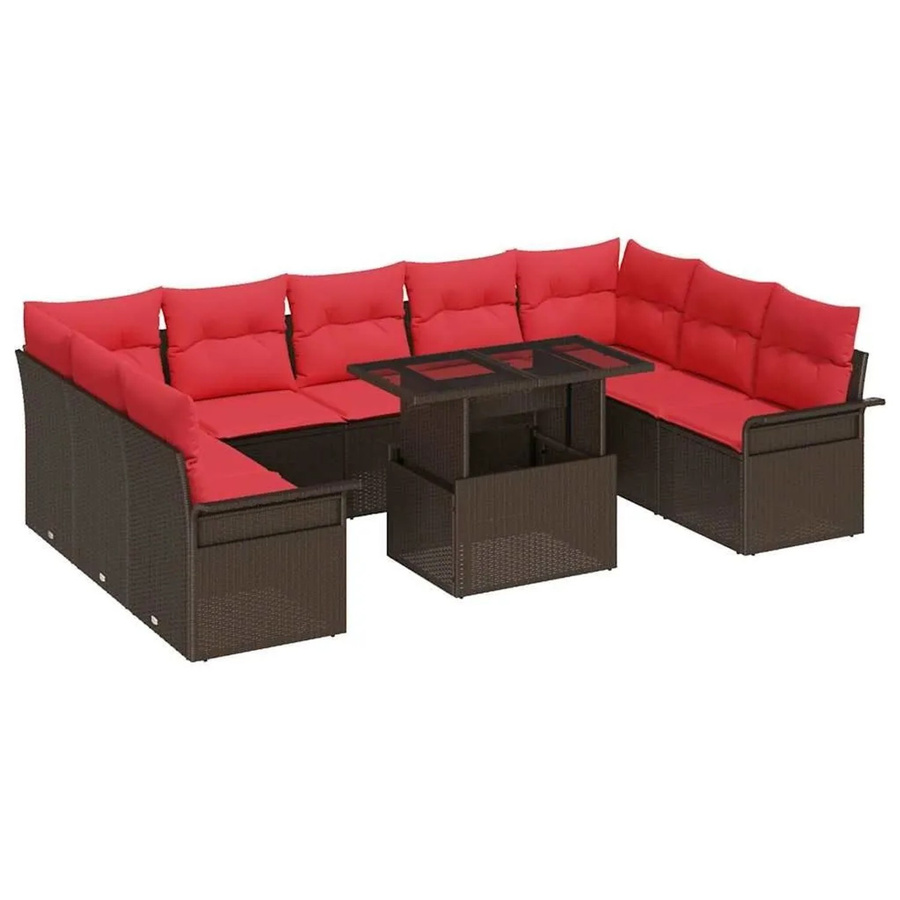 vidaXL Gartensofa-Set aus Poly-Rattan in U-Form mit 10 Kissen und Couchtisch in Braun - Bild 2