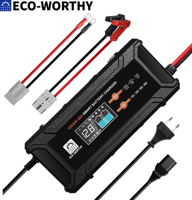 ECO-WORTHY LiFePO4 Batterieladegerät 12V/24V 20A in Schwarz mit Multi-Stromoptionen 5A/10A/15A/20A für Auto und LKW - Bild 1