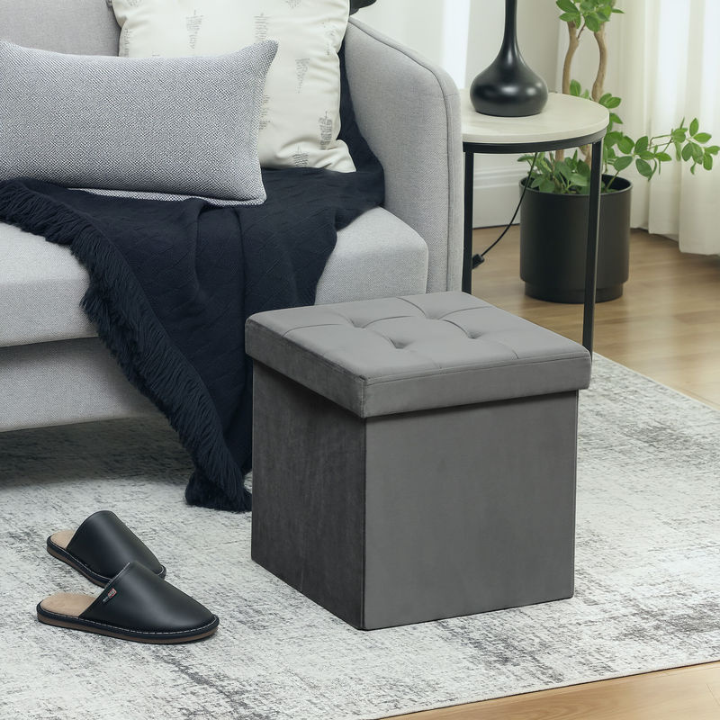 HOMCOM Sitzhocker mit Stauraum in Grau mit Samtoptik, klappbarer Polsterhocker als Sitzwürfel, B/T/H: 38 x 38 x 38 cm - Bild 2
