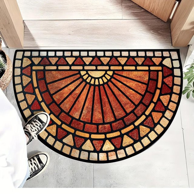 VIKAMA Halbrunde Fußmatte American Vintage in Warmem Orange mit Geometrischem Mosaikmuster, B/T: 60 x 40 cm - Bild 1