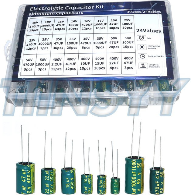 TIINSYY 391-teiliges Elektrolytkondensator-Set Hochfrequenz-Sortiment in Multicolor mit Spannungen von 10V bis 400V und Kapazitäten von 10uF bis 1000uF - Bild 1