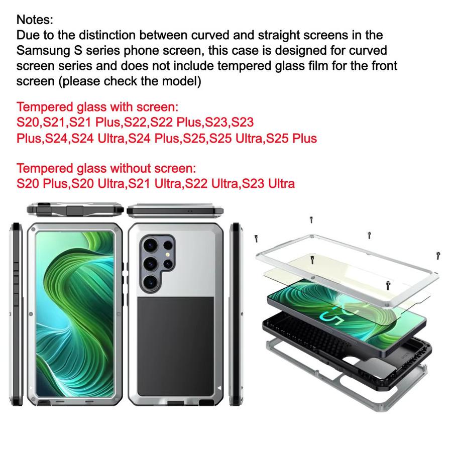 Robuste Aluminium-Metall-Schutzhülle für Samsung Galaxy S25 Ultra S24 S23 S22 S21 S20 Plus, Stoßfeste Panzerung für Android, Farbe: Silber - Bild 2