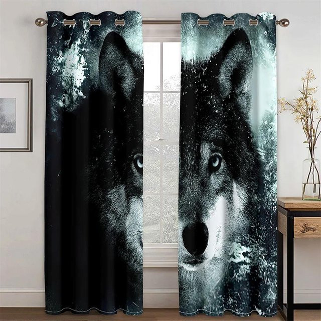 Yiran Furniture Vorhänge mit Nachtwolf unter dem Mond Design, 2er Set, Gelb/Schwarz, semi-transparent, B: 100 cm, H: 160 cm - Bild 1