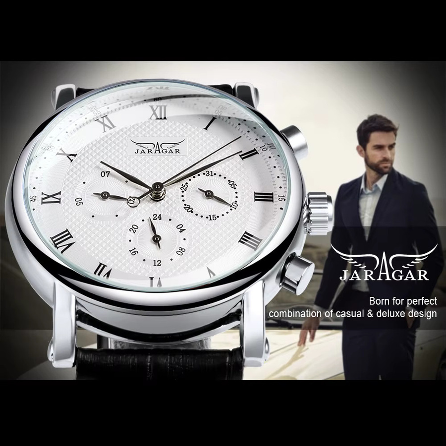 Jaragar Armbanduhr, Automatik, Edelstahl, Leder, Herren - Bild 2